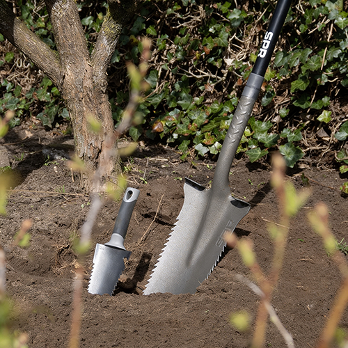 Bêche-scie et mini scie à racines plantées ensemble dans un trou de plantation près d'un arbre