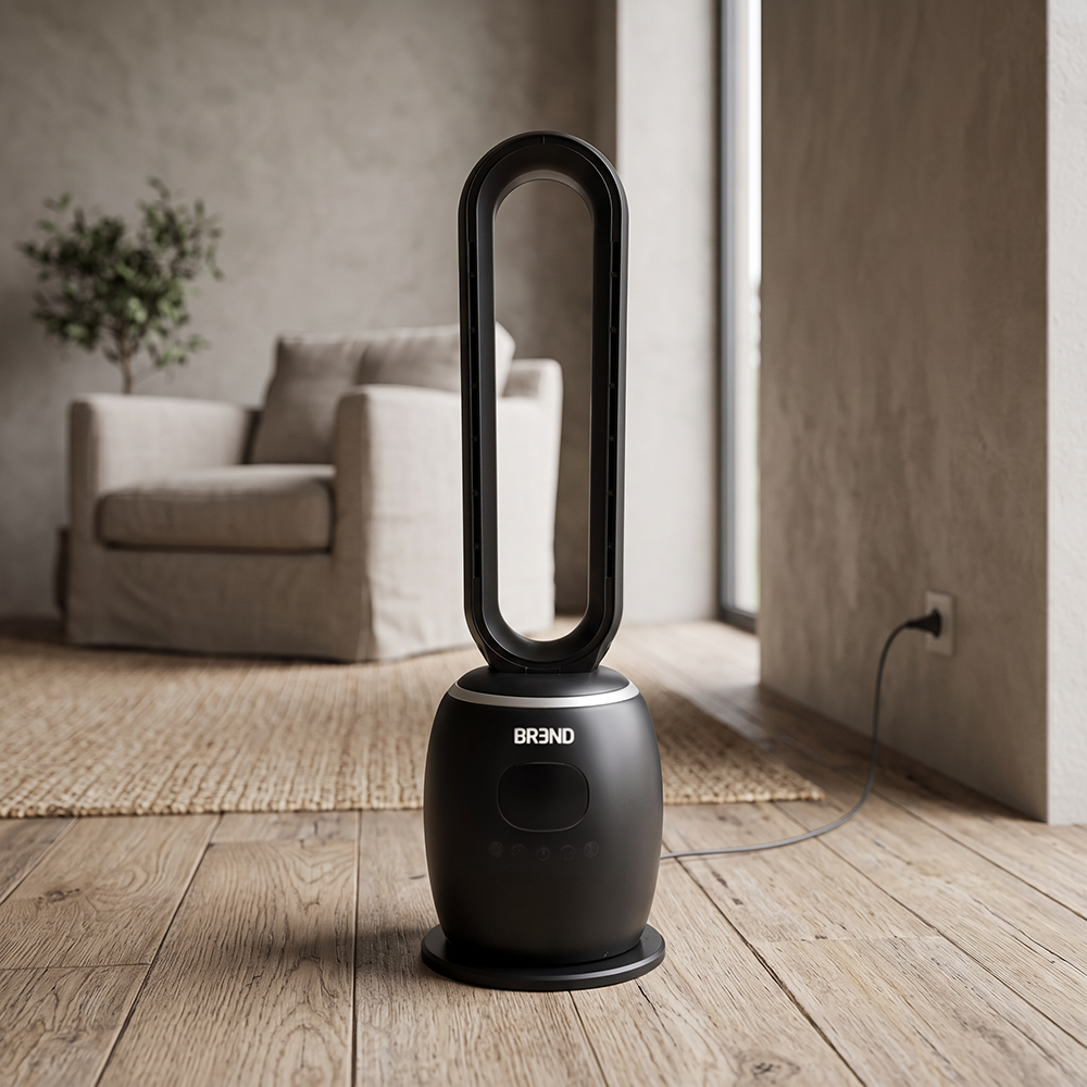 Zwarte bladloze ventilatorkachel op een houten vloer in een woonkamer met fauteuil