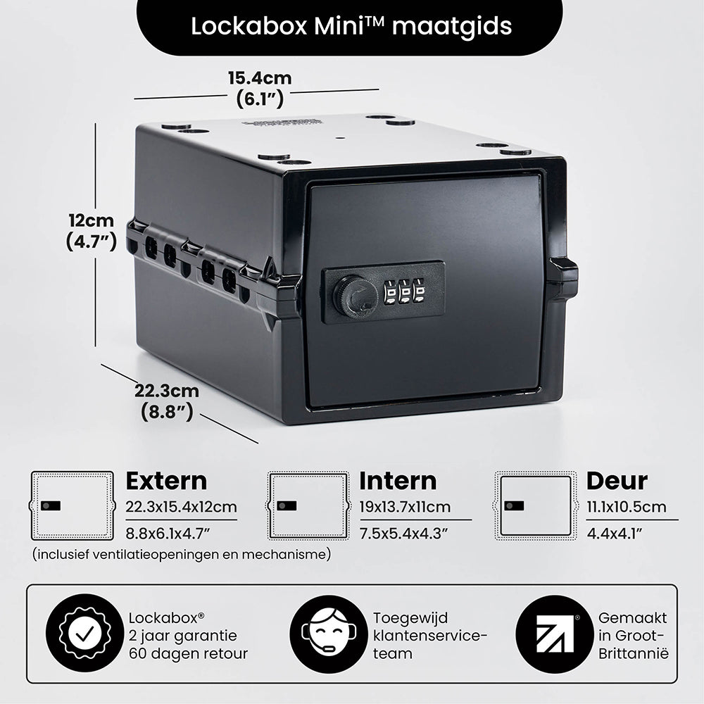 Guide des dimensions de la Lockabox Mini : dimensions extérieures 22,3 x 15,4 x 12 cm