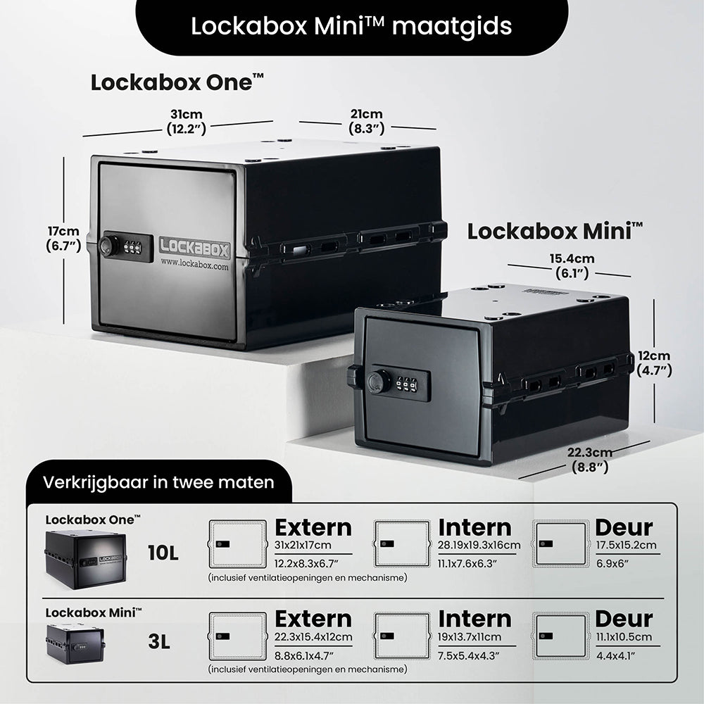 Comparaison des dimensions entre la Lockabox One de 10 litres et la Lockabox Mini de 3 litres