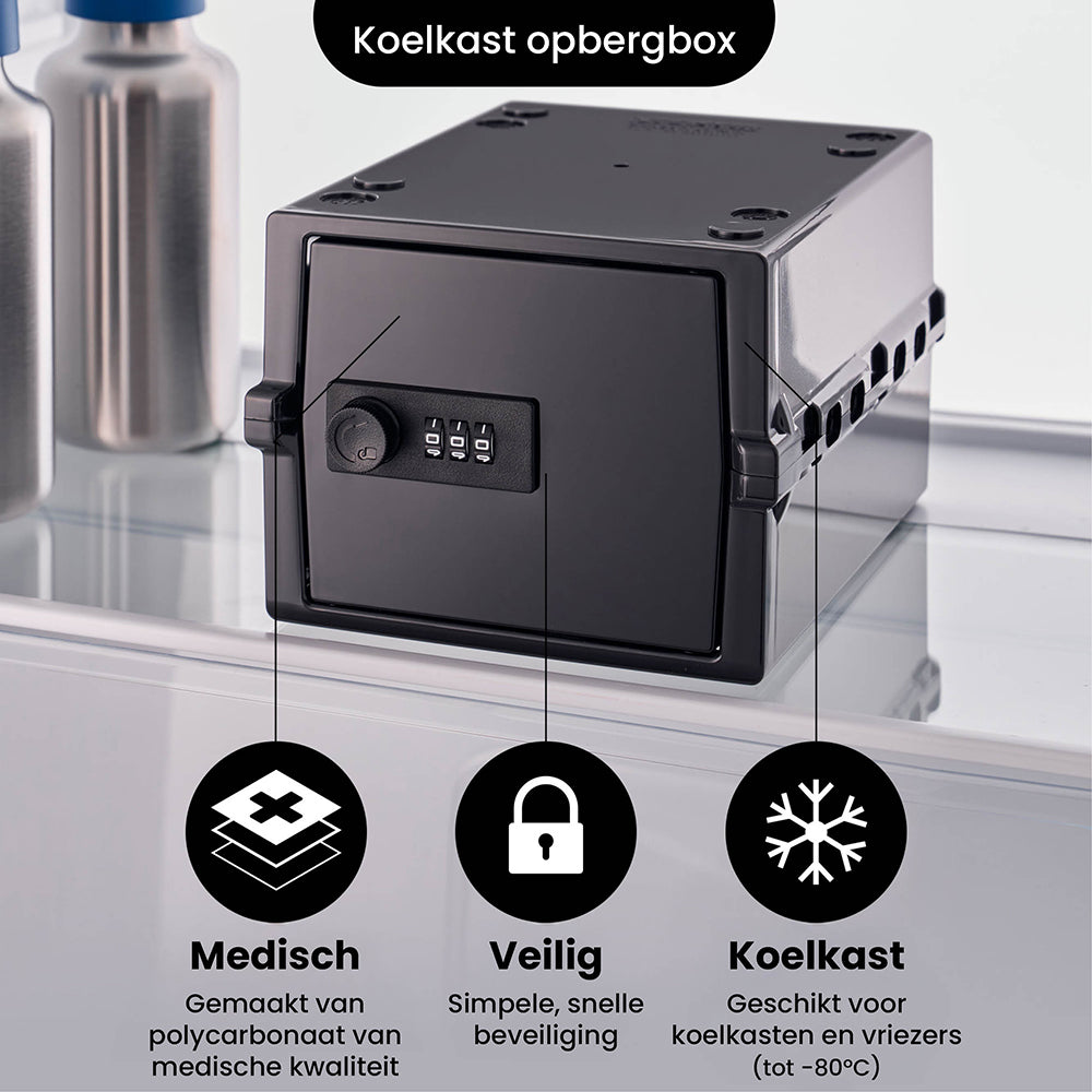 Lockabox Mini noire dans le réfrigérateur : polycarbonate de qualité médicale, sûre et compatible réfrigérateur