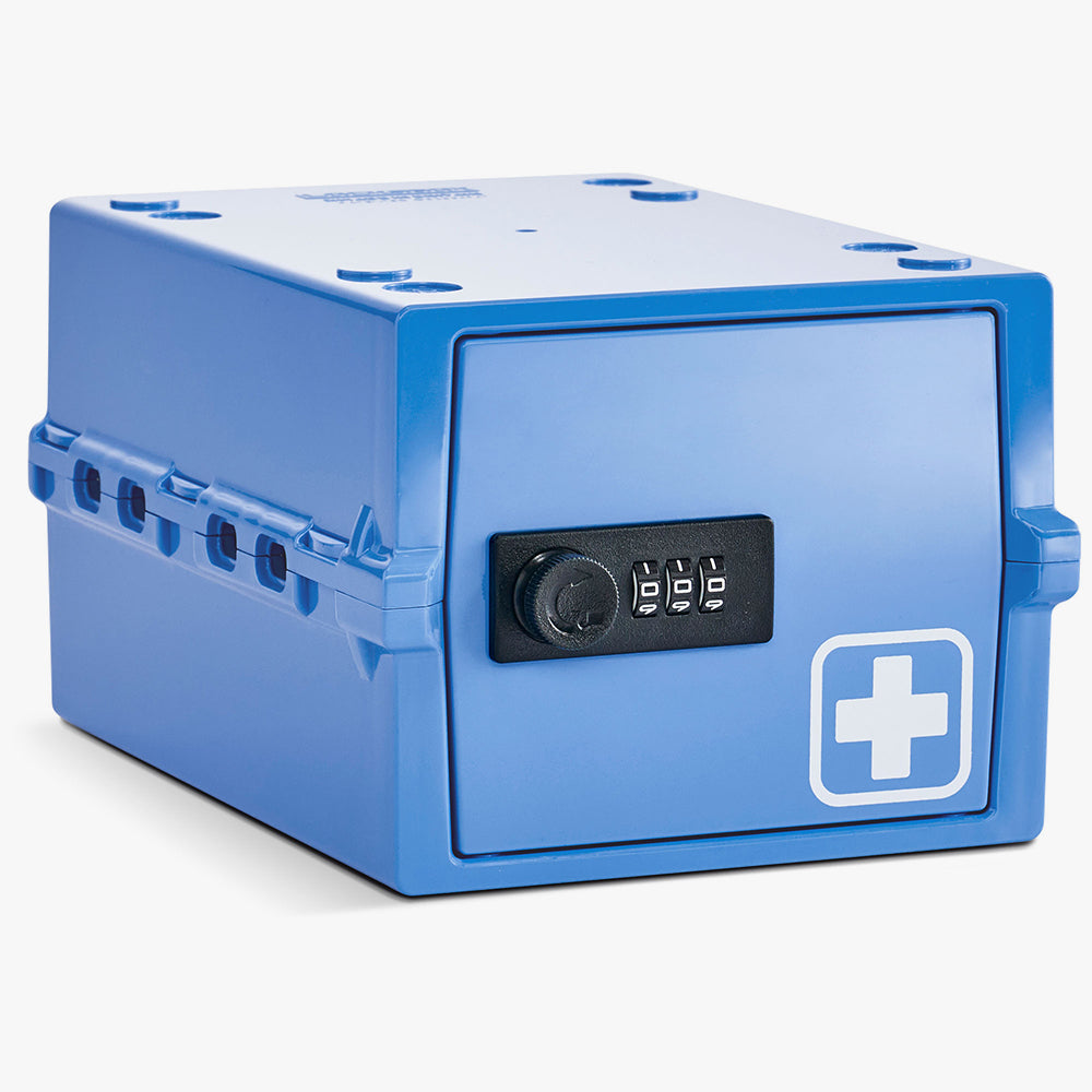 Boîte de rangement Lockabox Mini bleue avec serrure à code et croix blanche sur la porte