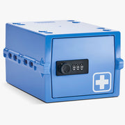 Boîte de rangement Lockabox Mini bleue avec serrure à code et croix blanche sur la porte
