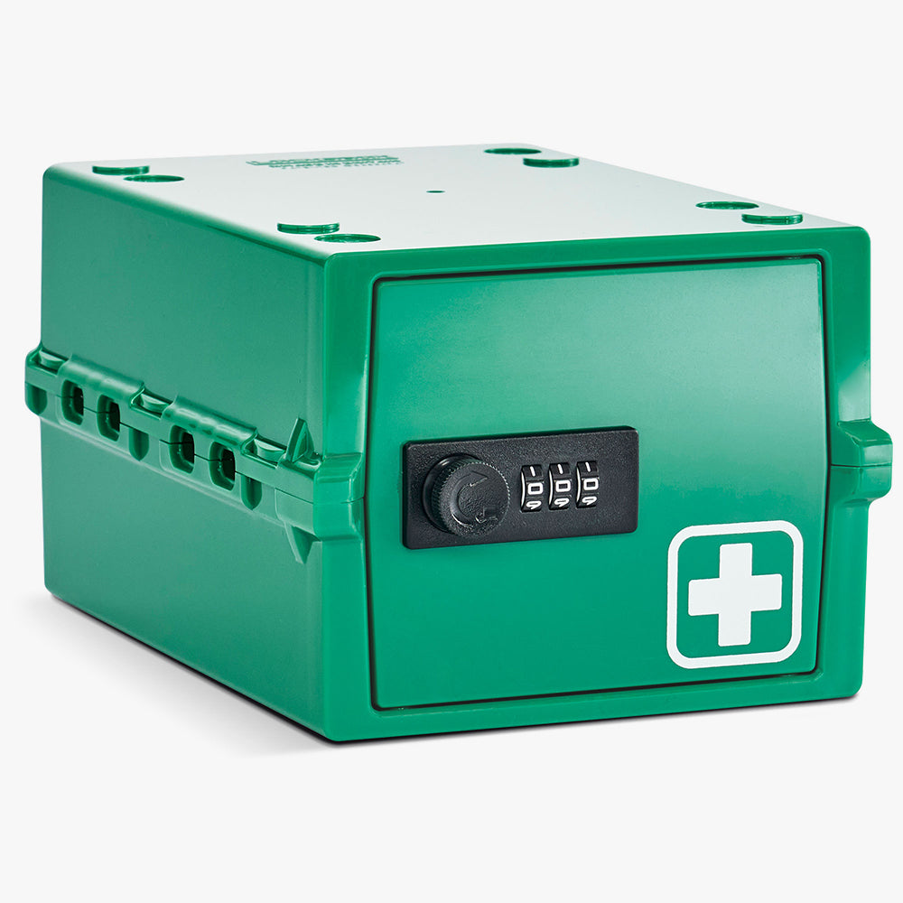 Boîte de rangement Lockabox Mini verte avec serrure à code et croix blanche sur la porte
