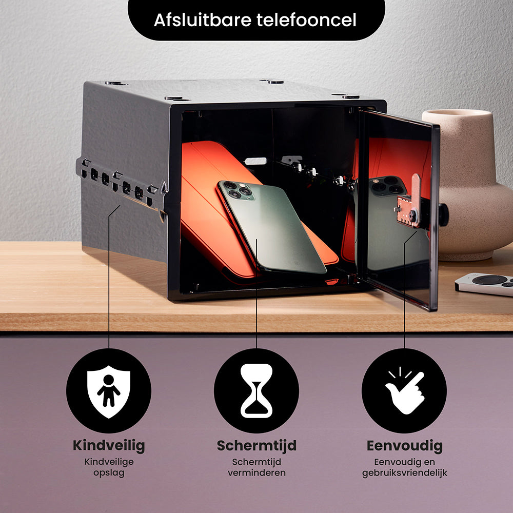 Lockabox One ouverte contenant des smartphones pour limiter le temps d'écran