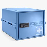 Boîte de rangement Lockabox One bleue avec serrure à code et croix blanche sur la porte