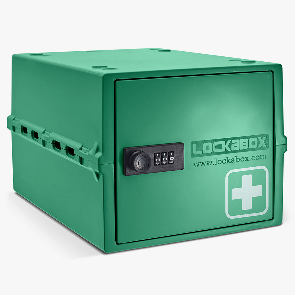 Boîte de rangement Lockabox One verte avec serrure à code et croix blanche sur la porte
