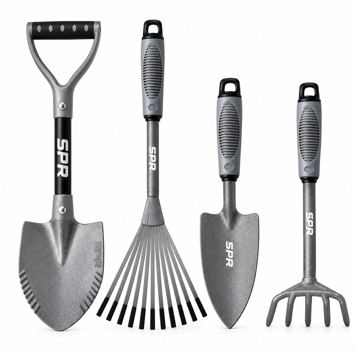 Tuingereedschapset van 4: spade, mini-bladhark, brede schep en hark met 5 tanden